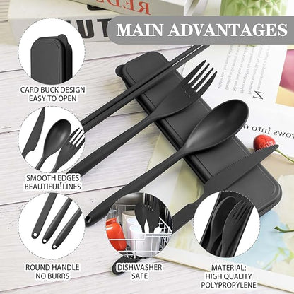 Large Reusable Travel Utensils Set with Case, Plastic Silverware Set for Adults Travel Picnic Camping, Portable Flatware Cutlery Set with Chopsticks for Daily Use(Black)