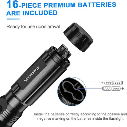 WdtPro 4 Pack LED Flashlights, Bright Flashlight with 16 AAA Batteries, Super Long Battery Life, Single Mode, High Lumens, EDC Flash Lights for Emergencies, Hurricane Supplies, Camping
