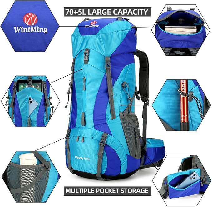 King'sGuard Hiking Backpack for Men and Women 70L+5L Waterproof Lightweight Camping Daypack with Rain Cover for Outdoor Travel Mountaineering - Frameless (Blue)
