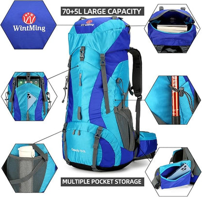 King'sGuard Hiking Backpack for Men and Women 70L+5L Waterproof Lightweight Camping Daypack with Rain Cover for Outdoor Travel Mountaineering - Frameless (Blue)