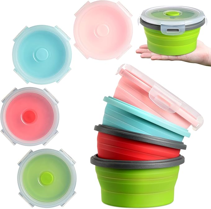 Suclain 4 Pcs Camping Bowl with Lid Collapsible Silicone Bowl Lunch Box Salad Bowl Expandable Food Storage Container Set Folding Travel Bowl for Hiking Heat (Red, Pink, Blue, Green,27 oz)