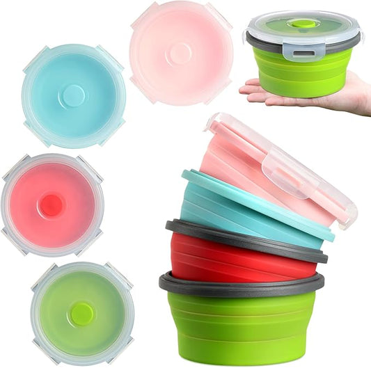 Suclain 4 Pcs Camping Bowl with Lid Collapsible Silicone Bowl Lunch Box Salad Bowl Expandable Food Storage Container Set Folding Travel Bowl for Hiking Heat (Red, Pink, Blue, Green,27 oz)