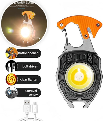 Multifunctional COB Mini Keychain Flashlights,7 Light Modes,LED Rechargeable Small Torch with Screwdriver,Bottle Opener,Lighter etc. for Outdoor Camping Hiking(Black)
