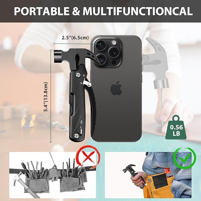Hammer Multitool, Camping Hammer Tool Camping Essentials Gear Survival Multitool with Knife Hammer Pliers Saw Bottle Can Opener Screwdriver Cool Gadgets Gifts for Men, Dad