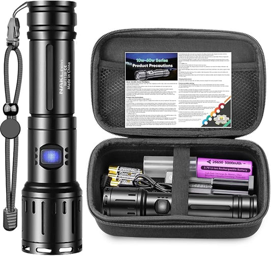 NAKCNM LED Rechargeable Flashlights High Lumens, Super Bright Flashlight 200000 Lumen with 5 Modes and Charger, Waterproof Flashlights Led Rechargeable for Camping Outdoor Hunting