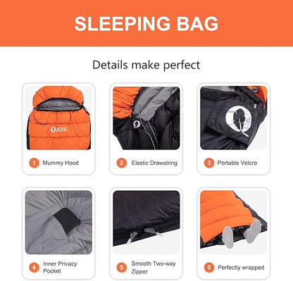 Ultralight Down Sleeping Bag for Adults - 600 Fill Power, Cold Weather, Backpacking, Camping, Hiking