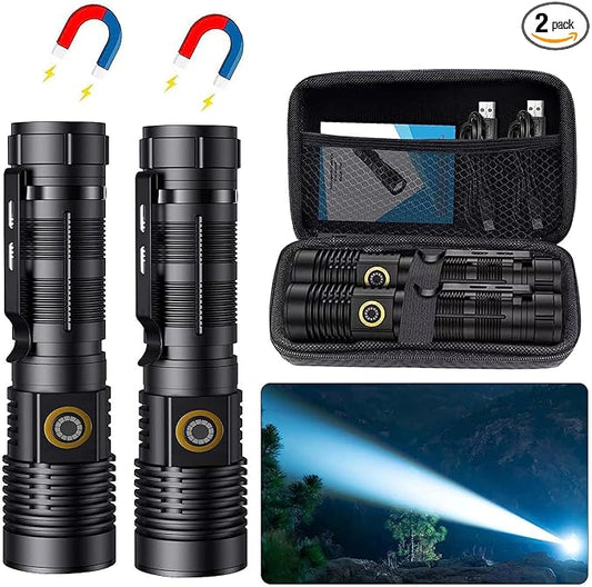 Rechargeable Tactical Flashlights 20000 High Lumens - 1500 Meters Long Beam Super Bright LED Magnetic Flashlight USB Zoomable 5Modes Small Long Beam Spotlight Flashlight for Hiking, Camping