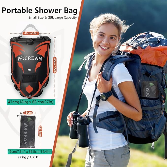 Camping Portable Solar Shower Bag, 25L, with On/Off Shower Head, for Camping, Beach Swimming, Outdoor Traveling, Camping Accessories