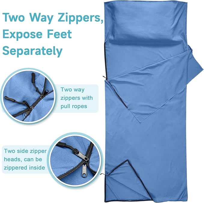 Sleeping Bag Liner, Sleep Sack Travel Sheets, Two-Way-Zipper Expose Feet Separately, Portable Single Camping Sheet for Hotel,Hostels,Business Trips