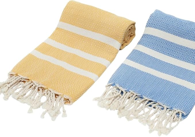 2 Pack Cotton Oversized Beach Towel Turkish Peshtemal Quick Dry Absorbent Lightweight Washable Sand Free Swim Pool Camp Travel Breathable Cozy Blanket (Gold Yellow and Turquoise Blue)