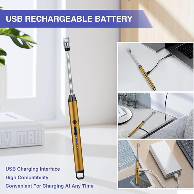 2 PCS Candle Lighter, Electric Lighter Arc Windproof Flameless with 360° Flexible Neck & LED Power Display,USB Rechargeable Lighter for BBQ, Grill, Camping, Fireplace, Stove(Gold)