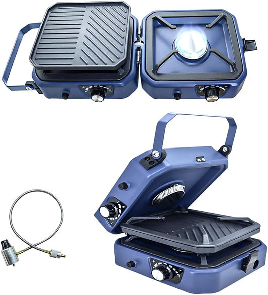 2 Burner Propane Camping Stove with Grill - CloudHand Foldable Camp Stove with 16,000 BTU, Two Adjustable Burners with Piezo Ignition & Easy Carrying Handle (Blue)
