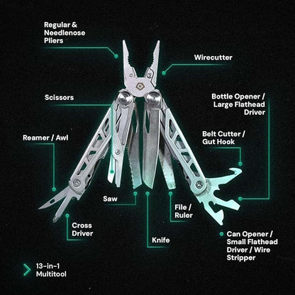 GRITR 13-in-1 Stainless Steel EDC Multitool w/Nylon Sheath - Outdoor Tool w/Needle Nose Pliers, Pocket Knife, Scissors, Bottle Opener, Cutters - Camping Hunting Survival Emergency Gear
