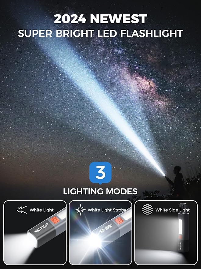 Smiling Shark LED Flashlight, G1 Flash Light Grey 3 Modes Zoomable Focus White Sidelight Waterproof Powerful Super Bright EDC Torch Light Outdoor Emergency,Mini-Rechargeable-LED-Flashlight-Camping