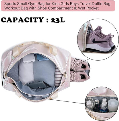 Gym Bag Sports Duffle Bag with Wet Pocket Weekender Overnight Bag with Waterproof Shoe Pouch and Air Hole for Women Girls Travel Foldable Bag (Metallic Beige)
