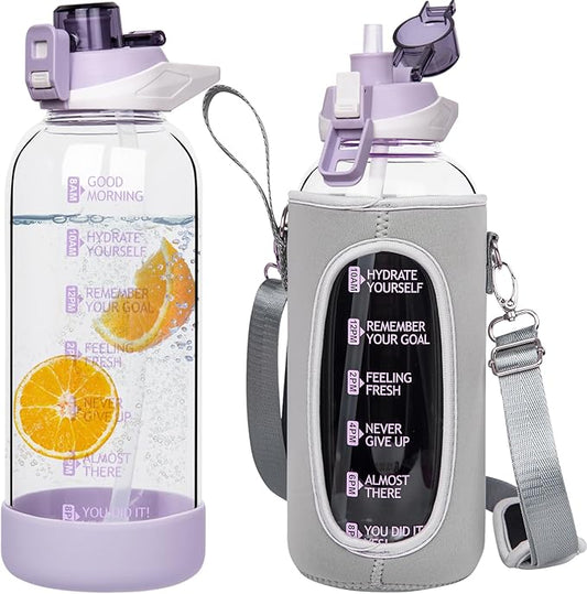 48 oz Large Sports Glass Water Bottle with Straw & Time Marker, Motivational Daily Glass Drinking Bottle with Strap for Fruit Infused Water, Smoothie, Coffee