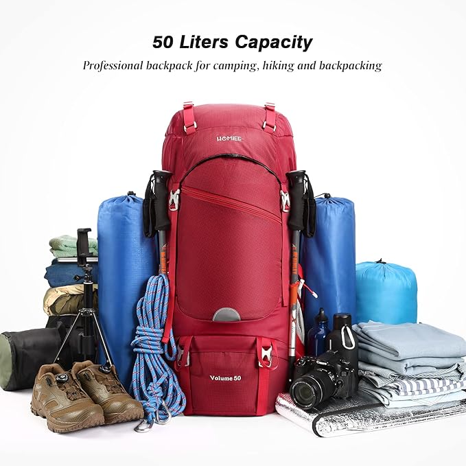 HOMIEE 50L Hiking Backpack Travel Bag Waterproof Camping Backpack with Rain Cover Lightweight Backpacking Backpack Rucksack