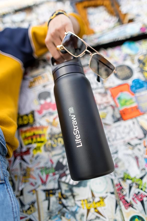LifeStraw Go Series – Insulated Stainless Steel Water Filter Bottle for Travel and Everyday use removes Bacteria, parasites and microplastics, Improves Taste, 24oz Nordic Noir