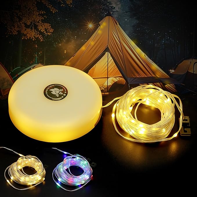 Camping String Lights, 2 in 1 Outdoor Waterproof Camping String Light with 8 Lighting Modes(32.8Ft), Quick 30s Recovery, Type-C Fast Charging Portable LED Tent Light for Camping Yard Hiking