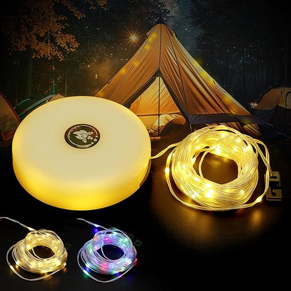 Camping String Lights, 2 in 1 Outdoor Waterproof Camping String Light with 8 Lighting Modes(32.8Ft), Quick 30s Recovery, Type-C Fast Charging Portable LED Tent Light for Camping Yard Hiking