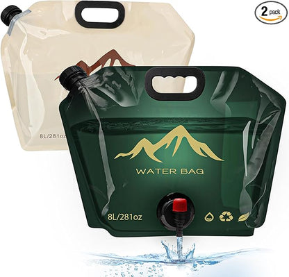 2PC-Collapsible Water Container Bag with Spigot,Outdoor Water Container,BPA Free Food Grade Water Jug,Folding Water Storage Bag for Camping,Hiking & Survival Kit,Sport,8L/2.1Gallon,-Beige/Green