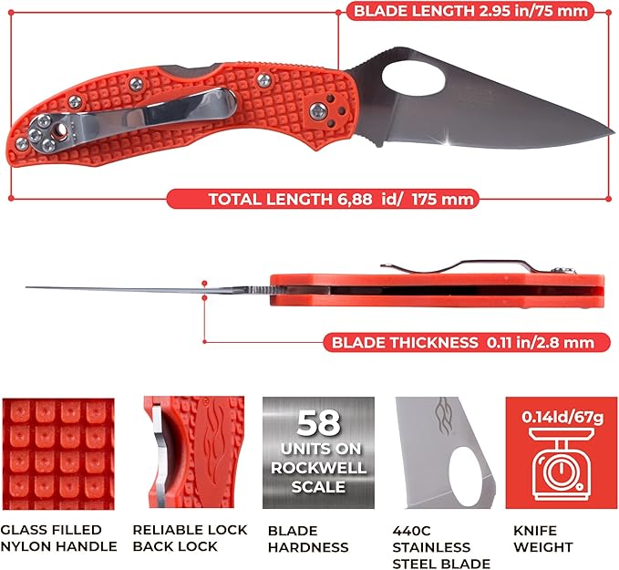 Firebird GANZO F759M Pocket Folding Knife 440C Stainless Steel Blade Nylon Glass Fiber Anti-Slip Handle with Clip Fishing Camping EDC Knife (Orange)