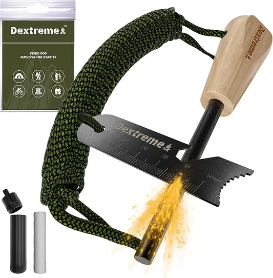 Dextreme Ferro Rod Flint Fire Starter Kit with Handcrafted Wood Handle, Coton Tinder, Transport Bag Multi-Tool Striker Paracord Lanyard for Camping Gear 12,000+ Strikes 5/16'' Thick Bushcraft Survival
