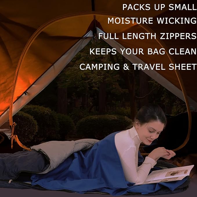 100% Cotton Sleeping Bag Liner with Full Length Zipper on 3 Sides; Single/Double Adult Sleep Sack for Travel & Camping, Multifunctional Travel Sheets (Unzipped 87”x87”) for Hotel, Lightweight