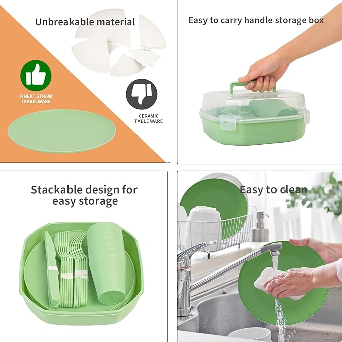 Wheat Straw Dinnerware Sets for 6, 31 Piece Unbreakable Outdoor Cutlery Set. Reusable plates and cups set for camping, picnics, RV trips, and party grills. (Green)