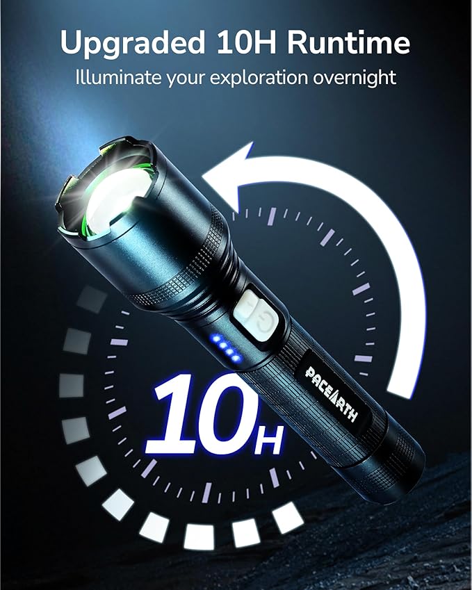 PACEARTH Tactical Flashlights High lumens, Rechargeable Flashlights with 5 Modes LED Flashlight Adjustable, Zoomable Waterproof 2000LM Brightest Flashlight for Emergencies, Camping, Hiking