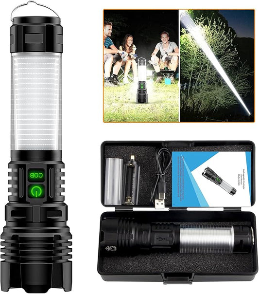 Flashlights 100000 High Lumens Rechargeable - 360° COB Lantern Camping Flashlight 2000 Meters Long Beam Super Bright LED Flash Light, Waterproof, 20H Runtime,5 Modes,Zoomable Handheld Flashlight