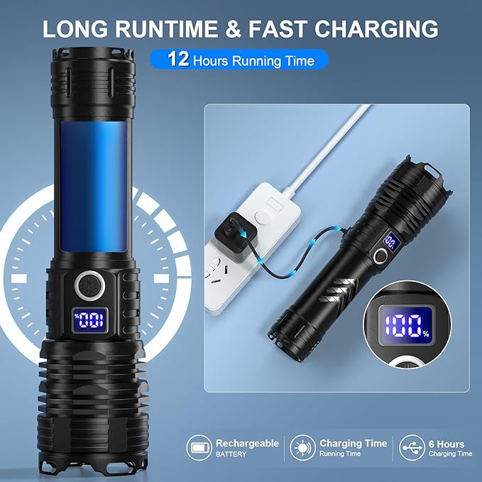 Flashlights High Lumens LED Rechargeable, 900,000 Lumen Brightest Flash Light, High Power USB Flashlight, Waterproof Handheld LED Flashlight for Camping Hiking