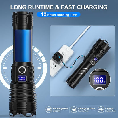 Flashlights High Lumens LED Rechargeable, 900,000 Lumen Brightest Flash Light, High Power USB Flashlight, Waterproof Handheld LED Flashlight for Camping Hiking
