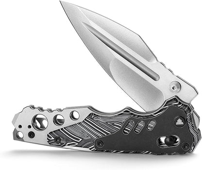 '-Intruder-03BW｜Heavy Folding Pocket Knife for Men，Outdoor Camping EDC Knives with Clip ，4.29" Stonewash 14C28N Steel Blade ，Brass Washer，Ti & Damascus G10 Handle