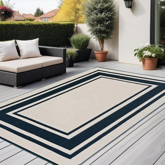 RURALITY Outdoor Rugs 6x9 Waterproof for Patios Clearance,Plastic Straw Mats for Backyard,Porch,Deck,Balcony,Reversible,Black and Beige