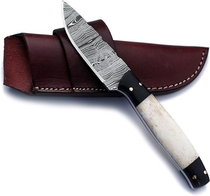 Handmade Damascus Steel Knife Bowie for Hunting,Survival,Camping,Bushcraft and Fishing Fixed Blade withDrop Point-Full Tang Bone Handle with Cowhide-Leather Sheath - WKD-775