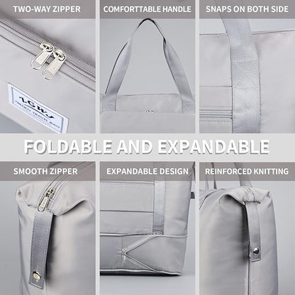 Expandable Travel Duffel Tote Bag - Foldable Overnight Weekender, Carry-On, Swim & Gym Bag - Fits Spirit Airlines Personal Item Size - Lightweight, Waterproof & Durable with Trolley Sleeve,Grey