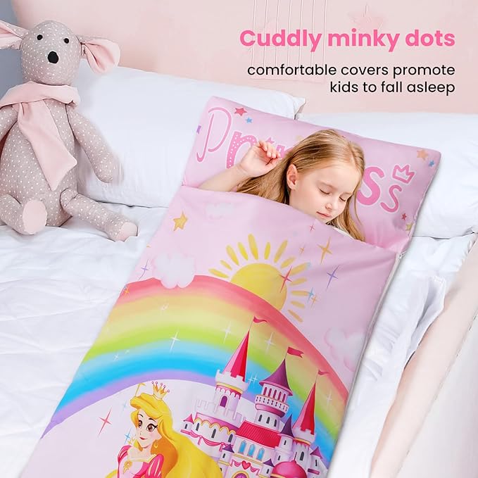 Kids Sleeping Bag Toddler Nap Mat with Removable Pillow, Large Foldable Sleeping Bag for Girls Boys, Easy Clean Slumber Bag with Double Zip for Camping School Preschool Daycare, 59×24 inch