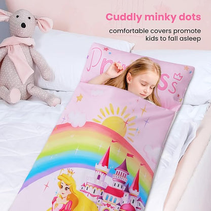 Kids Sleeping Bag Toddler Nap Mat with Removable Pillow, Large Foldable Sleeping Bag for Girls Boys, Easy Clean Slumber Bag with Double Zip for Camping School Preschool Daycare, 59×24 inch