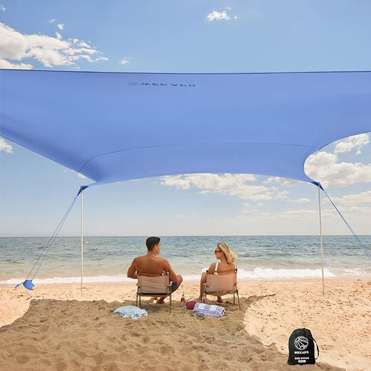 WEKAPO Beach Tent Sun Shelter - Easy Setup Beach Canopy with 4 Sturdy Poles, Extra Large Sandbags and Shovel, 7'8'' Tall, Windproof Sun Shade for Backyard and Camping, UPF 50+ Protection