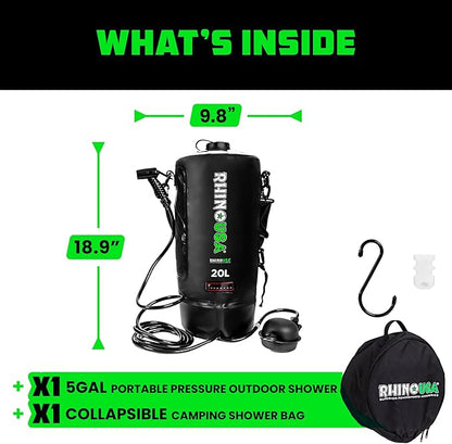 Rhino USA 5 Gal / 20L Portable Solar Camp Shower - Essential for Camping, Festivals, Overlanding, Beach Trips, Outdoor Shower and More!
