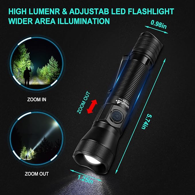 ULTRAFIRE E5 Tactical Flashlight Zoomable Rechargeable 1350 High Lumens Law Enforcement EDC Flashlight,6 Modes Dual Switches Small LED Torch for Patrolilng,Emergency