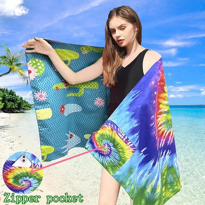 HAOKUN Microfiber Sand Free Beach Towel with Zipper Pocket Fast Dry Oversized Lightweight Big Large Towels for Travel Pool Swimming Bath Camping Adult Women Men Tie Dye Beah Towel (tie dye Colorful