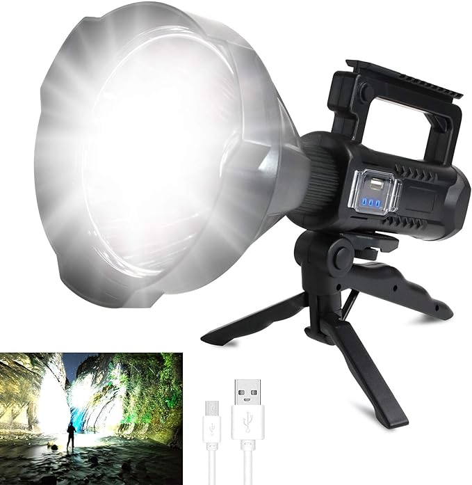 Foleto Rechargeable LED Spotlight Flashlights 120000 High Lumens, Super Bright Flashlight with 4 Modes IPX5 Waterproof, Large Searchlight for Fishing, Hiking and Camping with Tripod
