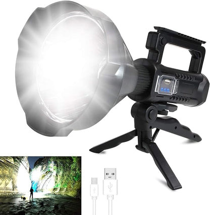 Foleto Rechargeable LED Spotlight Flashlights 120000 High Lumens, Super Bright Flashlight with 4 Modes IPX5 Waterproof, Large Searchlight for Fishing, Hiking and Camping with Tripod
