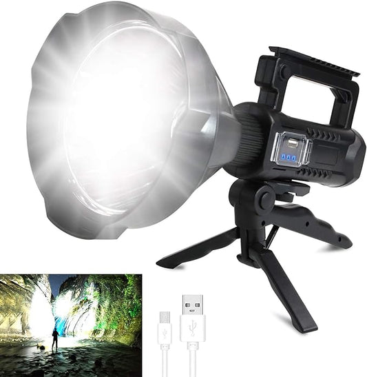 Foleto Rechargeable LED Spotlight Flashlights 120000 High Lumens, Super Bright Flashlight with 4 Modes IPX5 Waterproof, Large Searchlight for Fishing, Hiking and Camping with Tripod