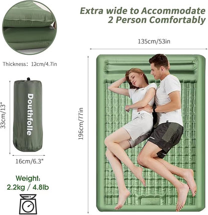 Double Camping Mat, 12cm Thicken Inflatable Double Camping Sleeping Pad for 2 Person Sleeping Mat with Built-in Foot Pump and Pillows for Backpacking,Hiking,Tent,Traveling