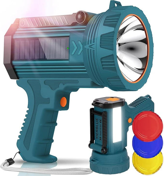 YIERBLUE Solar Power & Rechargeable Spotlight Flashlight, 1000,000 High Lumen Outdoor Handheld Spot Light and Flood Side Light, with Foldable Stand and 3 Colors Lenses for Boating Hunting and Camping