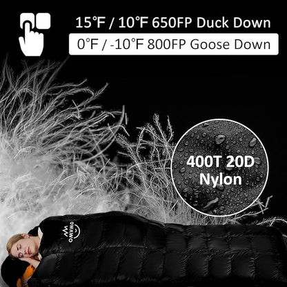 15°F 10°F Duck Down Sleeping Bag for Adults,650 Fill Power,Ultralight Wearable 4 Season Cold Weather Rectangle Sleeping Bag for Camping Hiking,Can be Used as a Down Blanket or Cloak