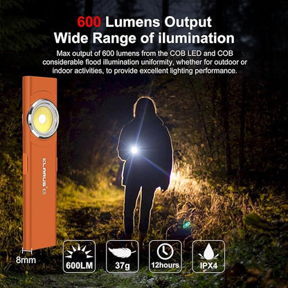 klarus E5 Pocket Flashlight, Rechargeable EDC Flashlight, Super Slim Flat 4.2x1x0.3inch, 470 Lumens, USB-C Port, IPX4, Dual Light Source with Magnetic Base, Hat & Clothes Clip - Orange